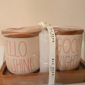 Rae Dunn “Hello Sunshine” & “Good Night” Small Jars with Lids, NWT